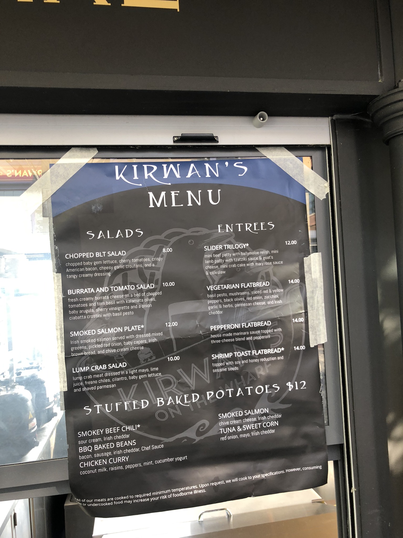 Kirwan's kiosk menu